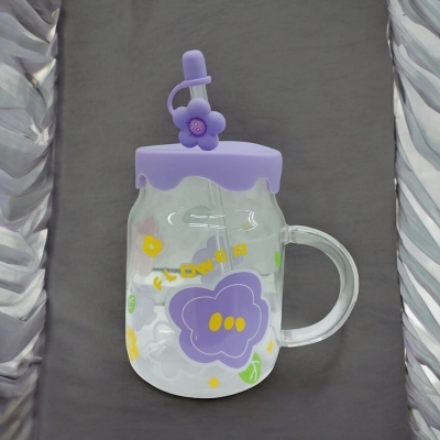 Picture of 400ml Borosilicate Glass Juice Mug with Handle | Multi-Color Printed Body | Glass Straw & Silicone Cap | Heatproof & Lightweight-Purple