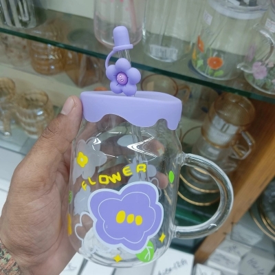 Picture of 400ml Borosilicate Glass Juice Mug with Handle | Multi-Color Printed Body | Glass Straw & Silicone Cap | Heatproof & Lightweight-Purple