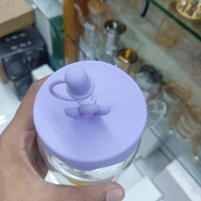 Picture of 400ml Borosilicate Glass Juice Mug with Handle | Multi-Color Printed Body | Glass Straw & Silicone Cap | Heatproof & Lightweight-Purple