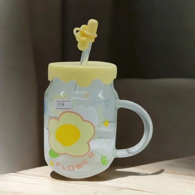 Picture of Lightweight & Durable 400ml Borosilicate Glass Juice Mug | Multi-Color Printed Jar with Handle | Glass Straw & Silicone Cap-Yellow