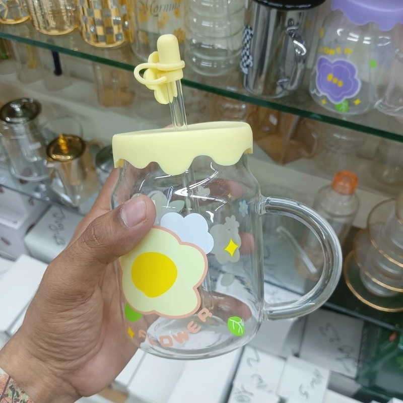 Picture of Lightweight & Durable 400ml Borosilicate Glass Juice Mug | Multi-Color Printed Jar with Handle | Glass Straw & Silicone Cap-Yellow
