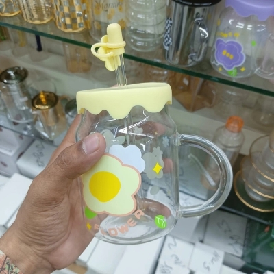 Picture of Lightweight & Durable 400ml Borosilicate Glass Juice Mug | Multi-Color Printed Jar with Handle | Glass Straw & Silicone Cap-Yellow