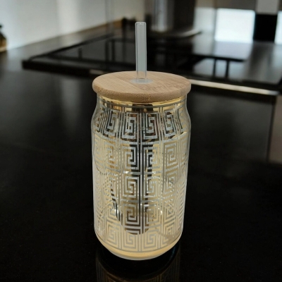 Picture of Eco-Friendly Coffee & Juice Glass – 1Pc 400ml Can Shaped Borosilicate Glass Tumbler with Bamboo Lid & Glass Straw – Perfect for Cold Drinks – Lightweight & Durable-Golden