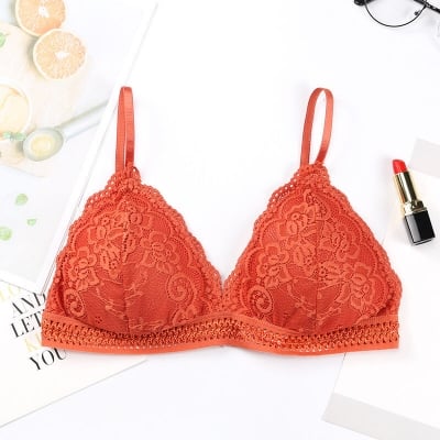 Picture of French Style Bralette Seamless Deep V Lace Bra Wireless Thin Underwear Sexy Lingerie Soft Bras For Women (ORANGE) - Bra  S