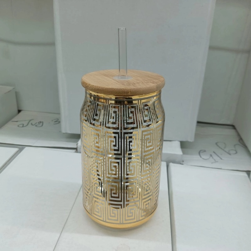 Picture of Eco-Friendly Coffee & Juice Glass – 1Pc 400ml Can Shaped Borosilicate Glass Tumbler with Bamboo Lid & Glass Straw – Perfect for Cold Drinks – Lightweight & Durable-Golden