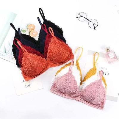 Picture of French Style Bralette Seamless Deep V Lace Bra Wireless Thin Underwear Sexy Lingerie Soft Bras For Women (Orange) - Bra