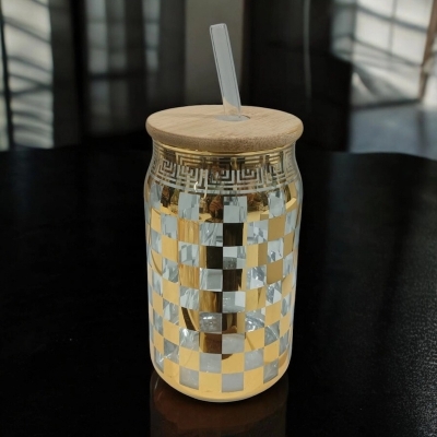 Picture of Modern Aesthetic Glass Cup – 1Pc 400ml Can Shaped Borosilicate Glass with Printed Design, Bamboo Lid & Glass Straw – Perfect for Cold Beverages – Stylish & Durable-Golden