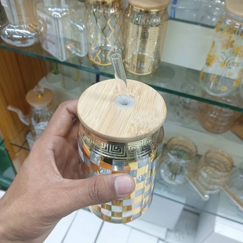 Picture of Modern Aesthetic Glass Cup – 1Pc 400ml Can Shaped Borosilicate Glass with Printed Design, Bamboo Lid & Glass Straw – Perfect for Cold Beverages – Stylish & Durable-Golden