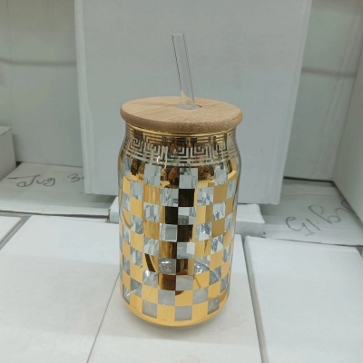 Picture of Modern Aesthetic Glass Cup – 1Pc 400ml Can Shaped Borosilicate Glass with Printed Design, Bamboo Lid & Glass Straw – Perfect for Cold Beverages – Stylish & Durable-Golden