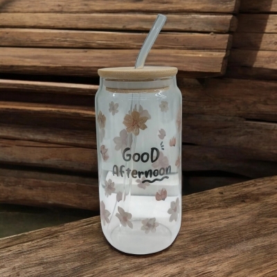 Picture of Eco-Friendly Can Shaped Glass Tumbler – 1Pc 400ml Borosilicate Glass with Bamboo Lid & Glass Straw – Lightweight, Scratch Resistant & Microwave Safe – Perfect for Iced Coffee, Tea & Cold Drinks-Multicolor