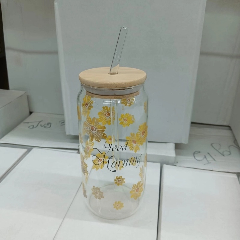 Picture of Eco-Friendly Can Shaped Glass Tumbler – 1Pc 400ml Borosilicate Glass with Bamboo Lid & Glass Straw – Lightweight, Scratch Resistant & Microwave Safe – Perfect for Iced Coffee, Tea & Cold Drinks-Multicolor