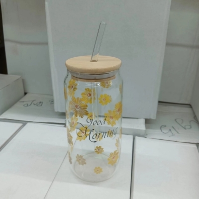 Picture of Eco-Friendly Can Shaped Glass Tumbler – 1Pc 400ml Borosilicate Glass with Bamboo Lid & Glass Straw – Lightweight, Scratch Resistant & Microwave Safe – Perfect for Iced Coffee, Tea & Cold Drinks-Multicolor