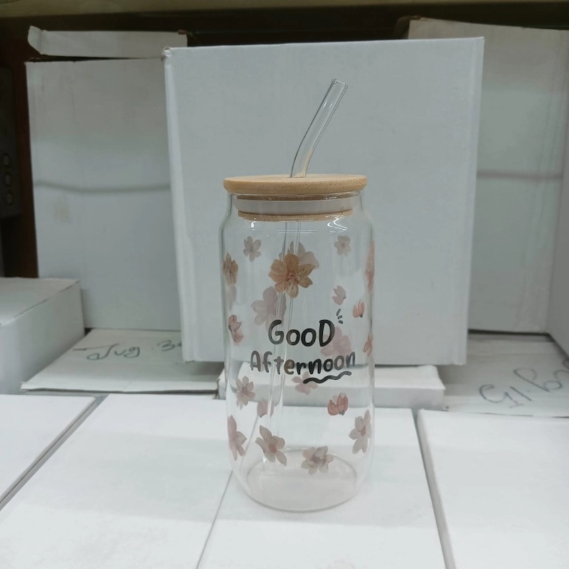 Picture of Eco-Friendly Can Shaped Glass Tumbler – 1Pc 400ml Borosilicate Glass with Bamboo Lid & Glass Straw – Lightweight, Scratch Resistant & Microwave Safe – Perfect for Iced Coffee, Tea & Cold Drinks-Multicolor