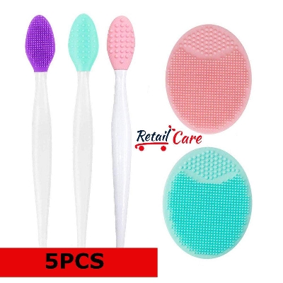 Picture of 3PCS Silicone Exfoliating Lip Brush 2 in 1 Double-Sided Soft Silicone Lip Brush & and 2PCS Silicone Facial Cleaning Brushes Pad for Smoother and Fuller Lip Appearance Cleanning Blackhead