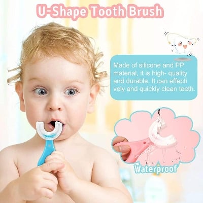 Picture of 1 Pack Kids U Shaped Toothbrush with Soft Silicone Brush Head,Whitening Massage Toothbrush U-Type Toothbrush 360° Oral Teeth Cleaning Design for Toddlers and Children Ages 2-8 Year Old(Blue+Pink)