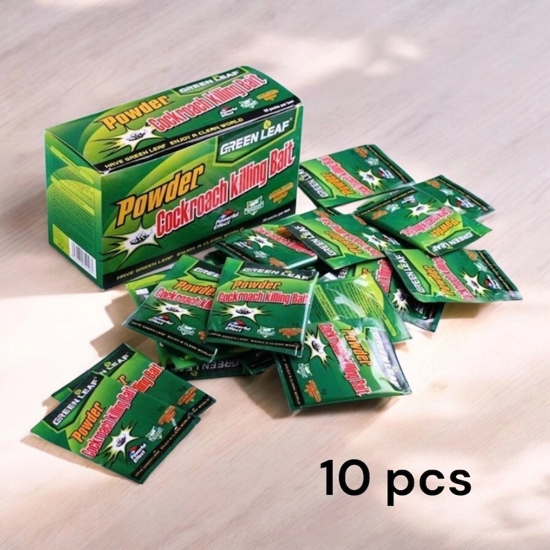 Picture of Powerful Cockroach Killer Powder | Green Leaf 10-Pack Bait | 5g Each | Covers 150-200 sqm | Long-Lasting Pest Control | Best for Kitchens, Bathrooms & Storage Areas-Green