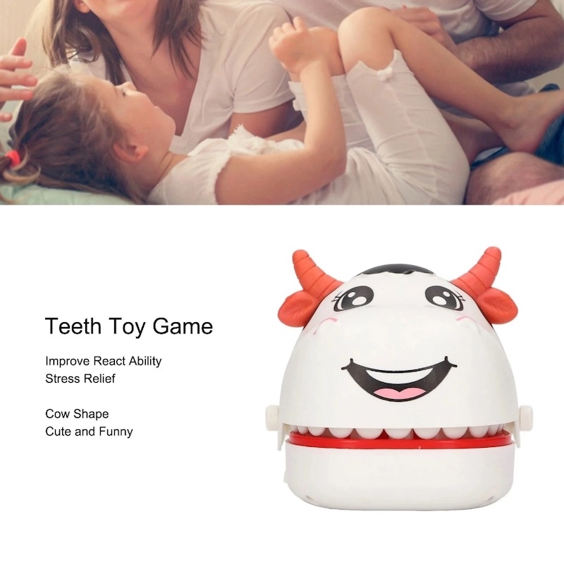 Picture of Cow-Shaped Push Teeth Game for Kids – Improve Reaction Time and Relieve Stress with This Funny Bite Finger Dentist Toy. Ideal for Parties, Travel, and Family Fun!-White