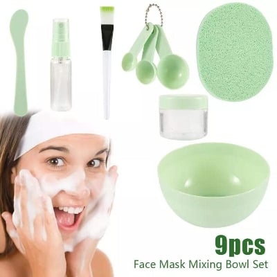 Picture of DIY Facemask Mixing Tool Kit with Big Volume  Bowl Spatula Brush Spray Bottle Puff Soaking Bottle Gauges Pack of 9 - Black Head Remover
