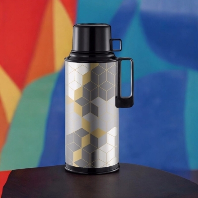 Picture of 1.8L Regal Flask - High-Quality Glass Refill, Leak-Proof, Double Wall Insulation, Eco-Friendly Materials, Stylish Silver Print Body, Keeps Hot or Cold Beverages for 12-24 Hours, Plastic Handle-Multicolor