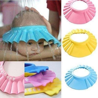 Picture of Baby Shower Cap Bathing Cap - 1 Pcs Soft Adjustable Visor Hat Safe Shampoo Shower Bathing Protection Bath Cap for Toddler, Baby, Kids, Children (Bule+Yellow+Pink)
