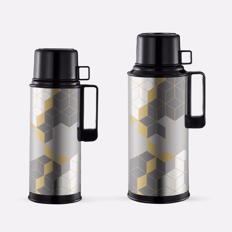 Picture of 1.8L Regal Flask - High-Quality Glass Refill, Leak-Proof, Double Wall Insulation, Eco-Friendly Materials, Stylish Silver Print Body, Keeps Hot or Cold Beverages for 12-24 Hours, Plastic Handle-Multicolor