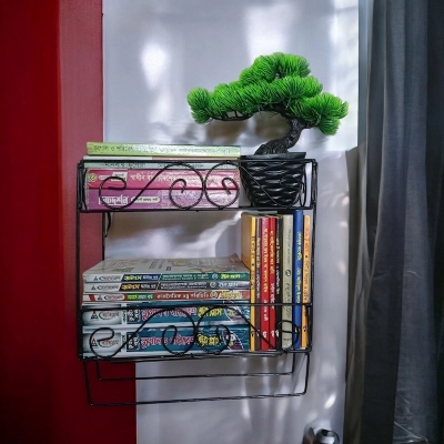 Picture of Sturdy Black Metal Quran and Book Stand with 2 Layers and Jainamaz Hangers – Wall Mount Design.