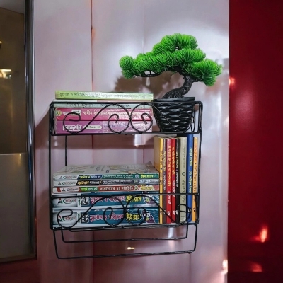 Picture of Sturdy Black Metal Quran and Book Stand with 2 Layers and Jainamaz Hangers – Wall Mount Design.