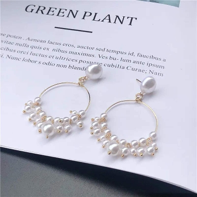 Picture of Trend Simulation Pearl Long Earrings Female White Round Pearl Wedding Pendant Earrings Fashion  Jewelry Earrings