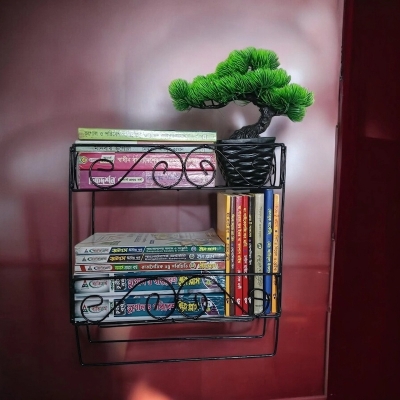 Picture of Sturdy Black Metal Quran and Book Stand with 2 Layers and Jainamaz Hangers – Wall Mount Design.