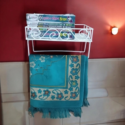 Picture of Elegant White Iron Quran Stand – Wall Mount Shelf with 2 Jaynamaz Hangers – Sturdy 14 x10 x2.8  Construction