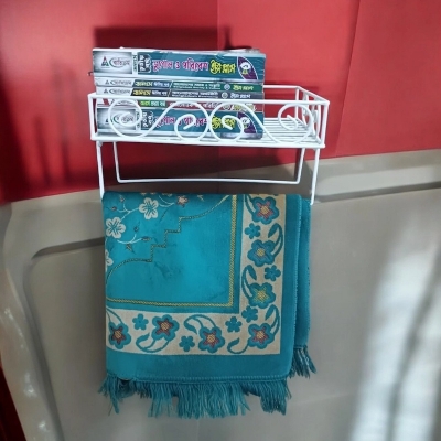 Picture of Elegant White Iron Quran Stand – Wall Mount Shelf with 2 Jaynamaz Hangers – Sturdy 14 x10 x2.8  Construction
