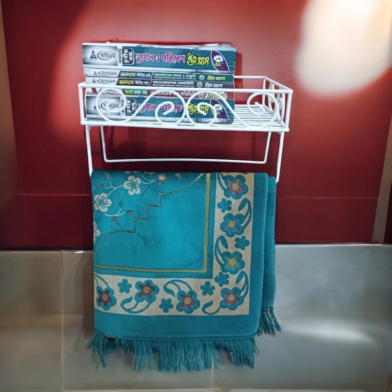 Picture of Elegant White Iron Quran Stand – Wall Mount Shelf with 2 Jaynamaz Hangers – Sturdy 14 x10 x2.8  Construction