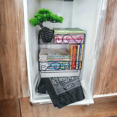 Picture of Wall-Mounted Black Metal Quran Stand with 2 Layers and Jainamaz Hangers – 14.5x10x12 Inches – Ideal for Mosque or Home Use