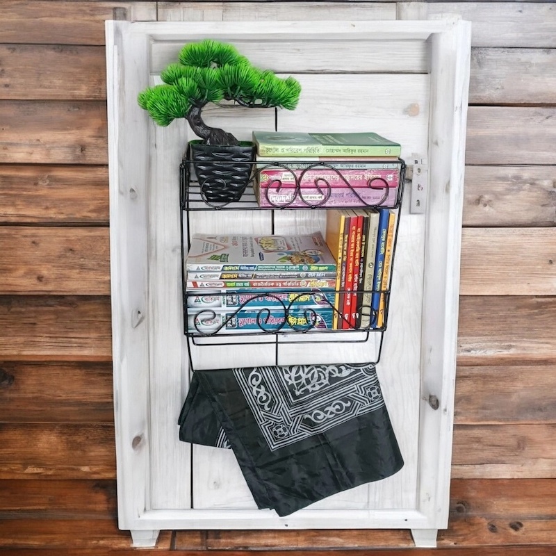 Picture of Wall-Mounted Black Metal Quran Stand with 2 Layers and Jainamaz Hangers – 14.5x10x12 Inches – Ideal for Mosque or Home Use