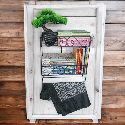 Picture of Wall-Mounted Black Metal Quran Stand with 2 Layers and Jainamaz Hangers – 14.5x10x12 Inches – Ideal for Mosque or Home Use
