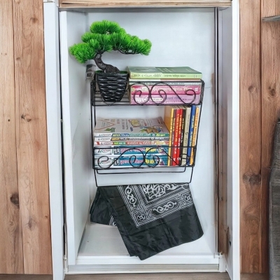 Picture of Wall-Mounted Black Metal Quran Stand with 2 Layers and Jainamaz Hangers – 14.5x10x12 Inches – Ideal for Mosque or Home Use
