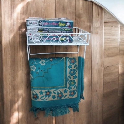 Picture of White Iron Quran Display Stand – Sturdy Wall Shelf with 2 Jaynamaz Hangers – 14 x10 x2.8  for Mosque or Home