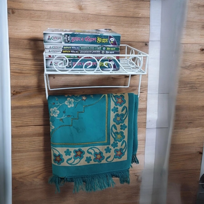 Picture of White Iron Quran Display Stand – Sturdy Wall Shelf with 2 Jaynamaz Hangers – 14 x10 x2.8  for Mosque or Home