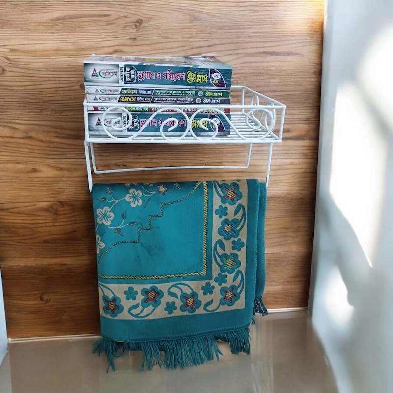 Picture of White Iron Quran Display Stand – Sturdy Wall Shelf with 2 Jaynamaz Hangers – 14 x10 x2.8  for Mosque or Home