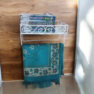 Picture of White Iron Quran Display Stand – Sturdy Wall Shelf with 2 Jaynamaz Hangers – 14 x10 x2.8  for Mosque or Home