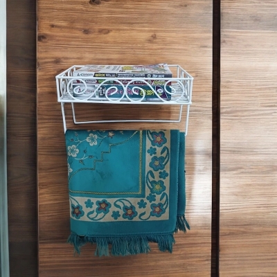 Picture of Quran Sharif Display Stand – Sturdy White Iron Wall Mount Shelf with 2 Jaynamaz Hangers – 14 x10 x2.8 
