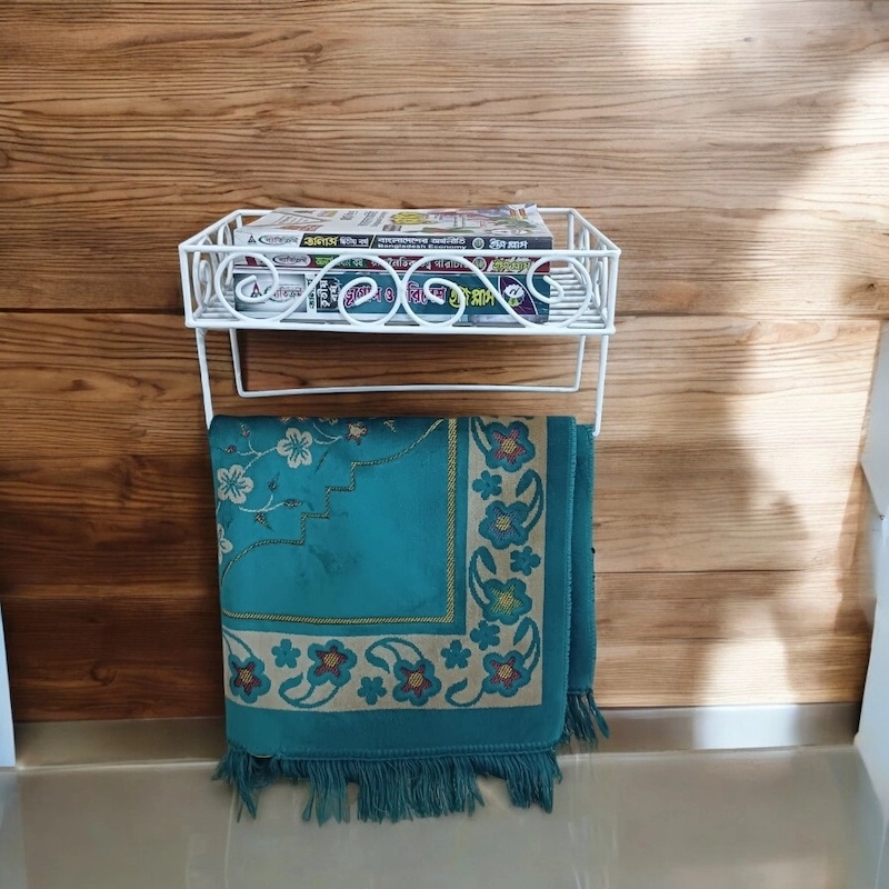 Picture of Quran Sharif Display Stand – Sturdy White Iron Wall Mount Shelf with 2 Jaynamaz Hangers – 14 x10 x2.8 