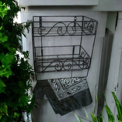 Picture of Sturdy Black Metal Quran Stand with Jainamaz Hangers – 2-Layer Iron Wall Shelf, 14.5x10x12 Inches – Perfect for Display in Home or Mosque
