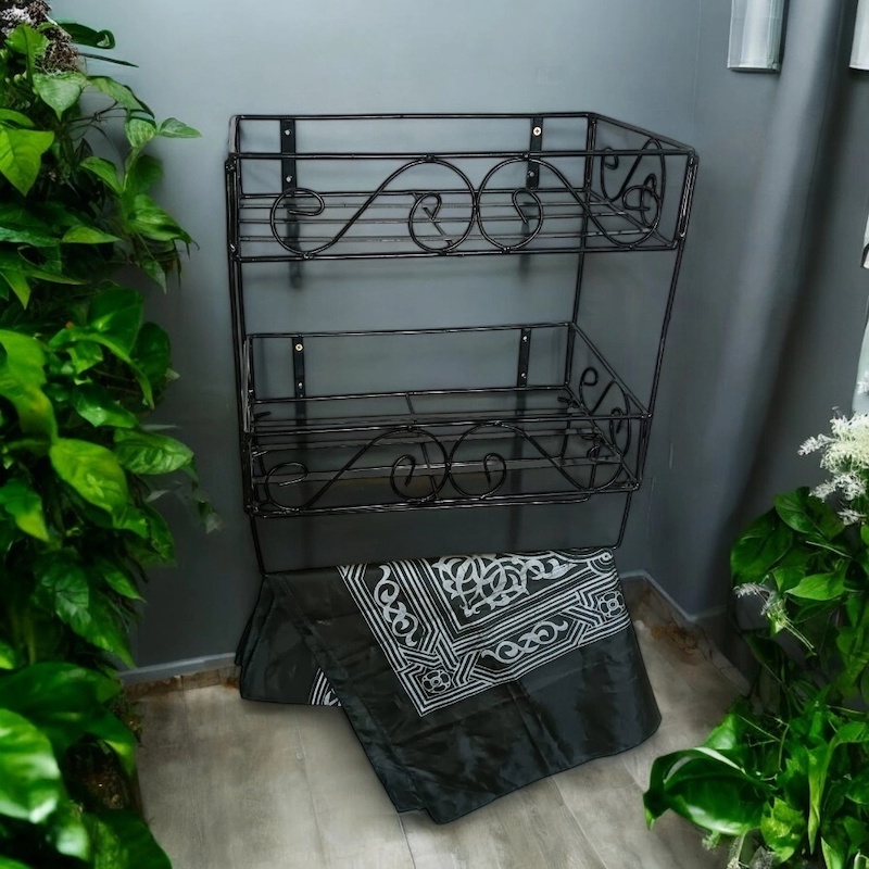 Picture of Sturdy Black Metal Quran Stand with Jainamaz Hangers – 2-Layer Iron Wall Shelf, 14.5x10x12 Inches – Perfect for Display in Home or Mosque