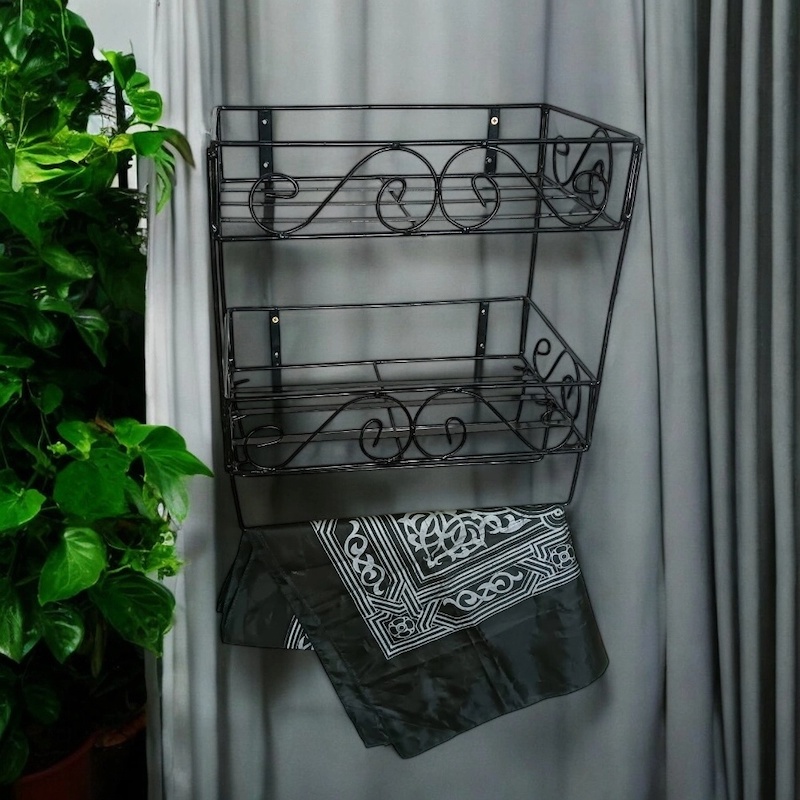 Picture of Sturdy Black Metal Quran Stand with Jainamaz Hangers – 2-Layer Iron Wall Shelf, 14.5x10x12 Inches – Perfect for Display in Home or Mosque