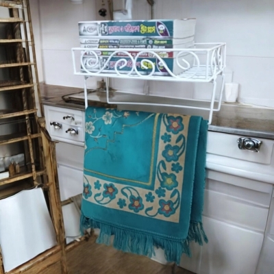 Picture of Sturdy White Metal Quran Display Stand – Wall Shelf with 2 Jaynamaz Hangers – Ideal for Mosque or Home – 14 x10 x2.8 