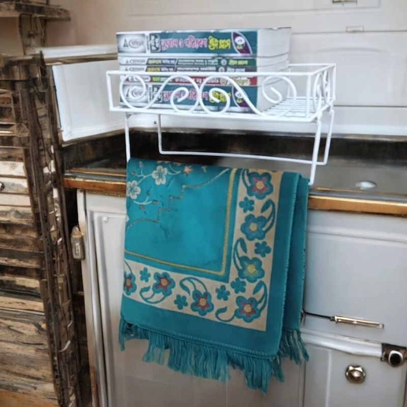 Picture of Sturdy White Metal Quran Display Stand – Wall Shelf with 2 Jaynamaz Hangers – Ideal for Mosque or Home – 14 x10 x2.8 