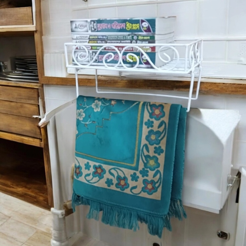 Picture of Sturdy White Metal Quran Display Stand – Wall Shelf with 2 Jaynamaz Hangers – Ideal for Mosque or Home – 14 x10 x2.8 