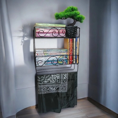 Picture of Durable Black Metal Quran and Book Wall Stand – 2 Layers with Jainamaz Hangers, 14.5x10x12 Inches.