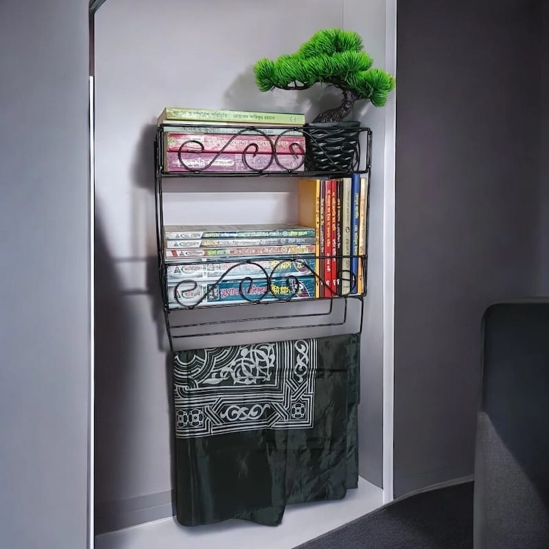 Picture of Durable Black Metal Quran and Book Wall Stand – 2 Layers with Jainamaz Hangers, 14.5x10x12 Inches.